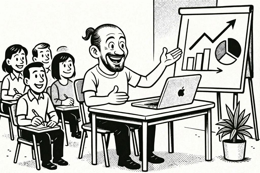 Illustration: Unternehmer und Beraterin analysieren gemeinsam Marketing-Kennzahlen