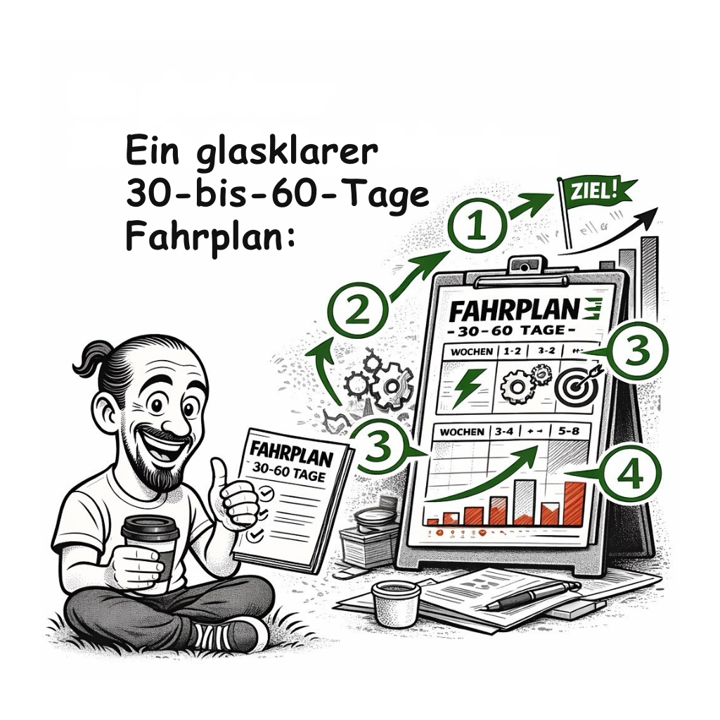 <h3><strong style="color: rgb(255, 255, 255); font-size: 20px;">Ein glasklarer 30-bis-60-Tage-Fahrplan:</strong></h3>